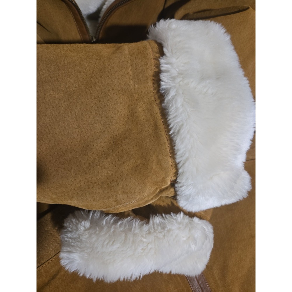 Vtg Leather & Faux Shearling Mid Length Oversized Reversible Hooded Coat Sz S - Picture 5 of 8